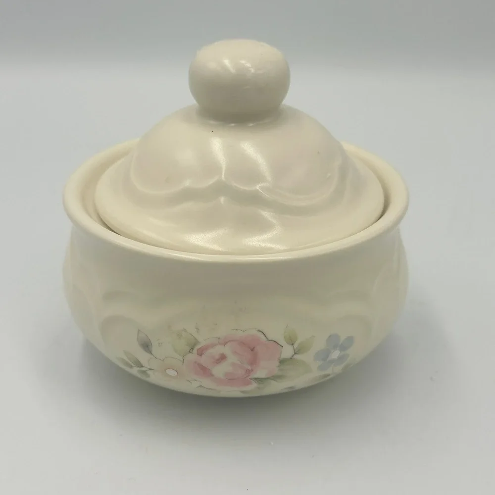 Pfaltzgraff Sugar Bowl with Lid Tea Rose Cream Pink Floral Stoneware USA Vintage